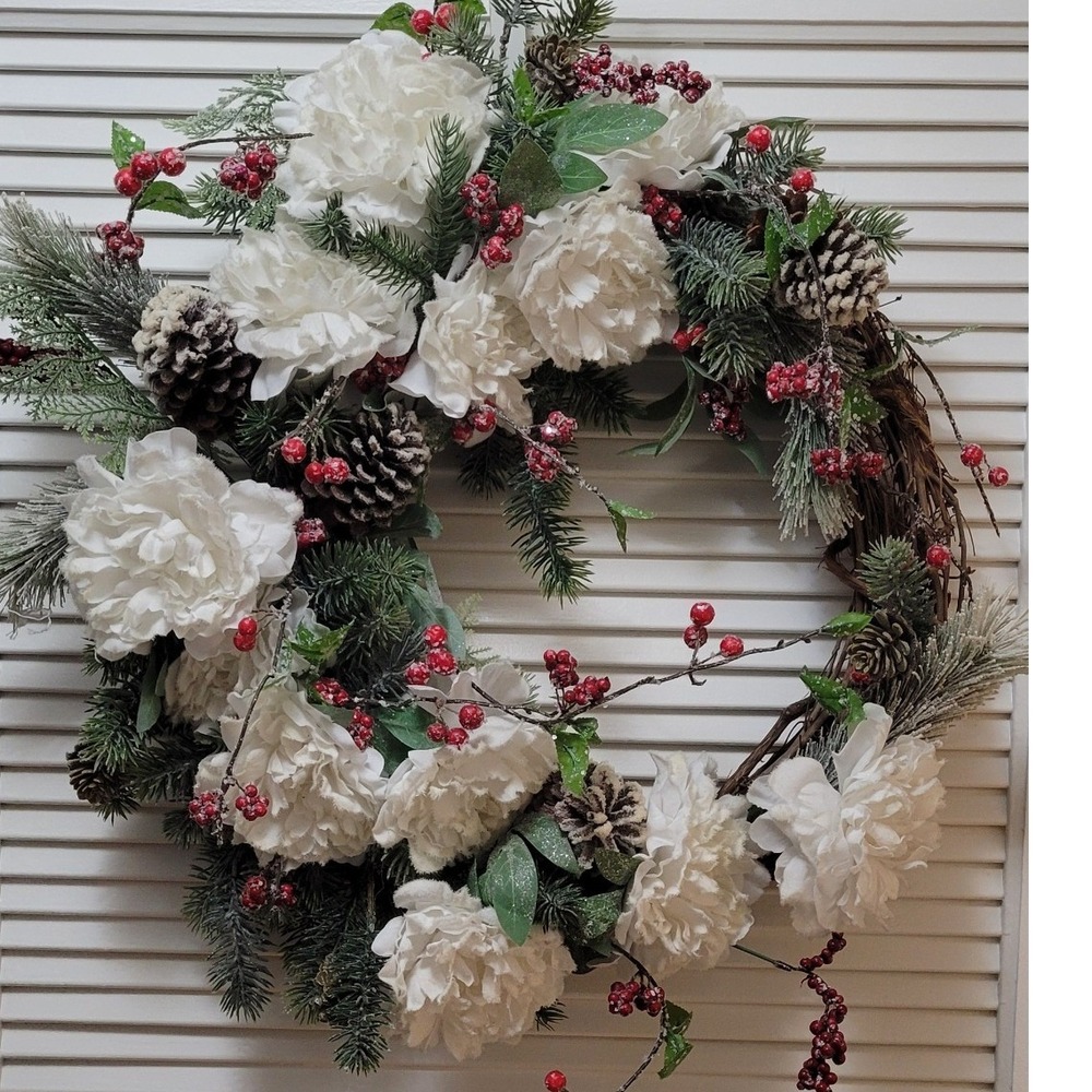 Natural farmhouse outdoorsy holiday winter White Peony Pinecone Berry 24 Inch